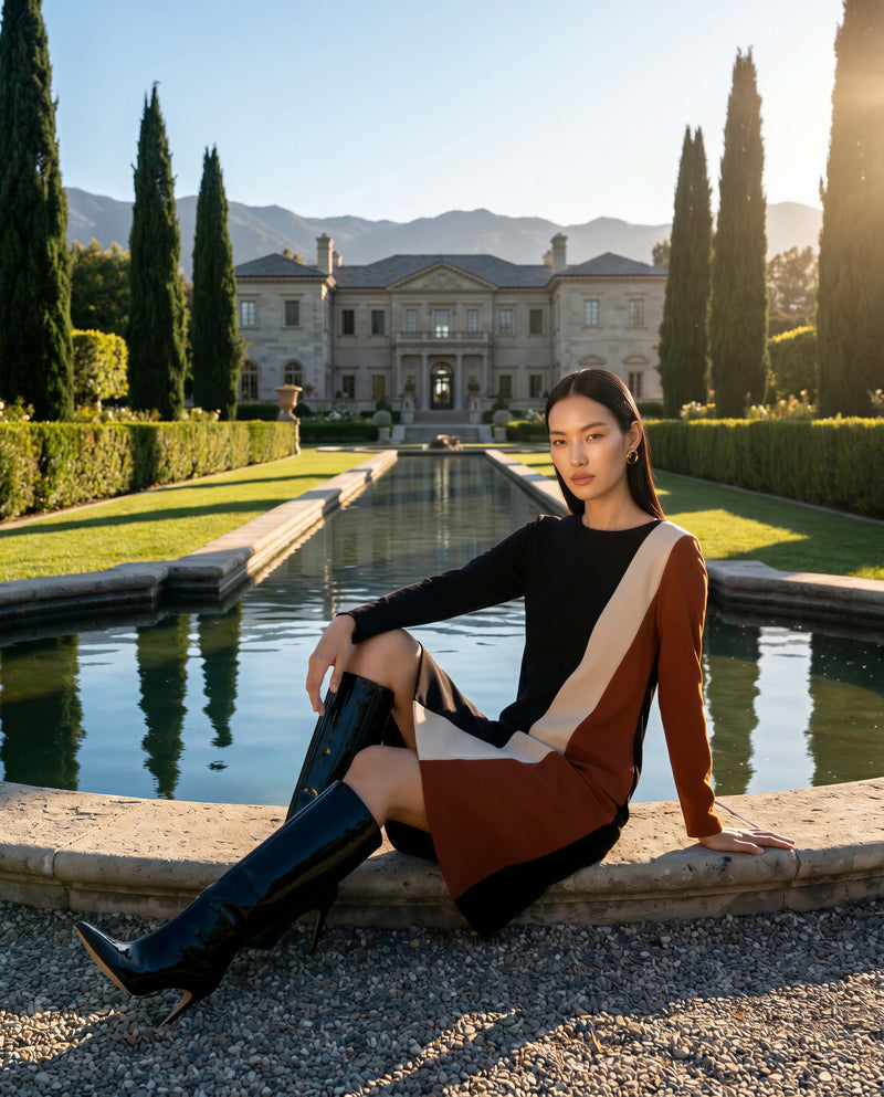 Sienna Tri-Colour Colour Block Dress – Black, Rust & Cream