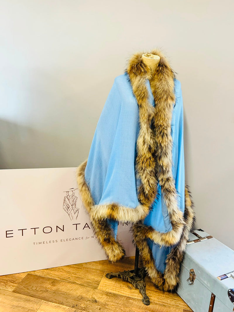 Baby Blue Cashmere & Silk Wrap with Recycled Raccoon Fur Trim
