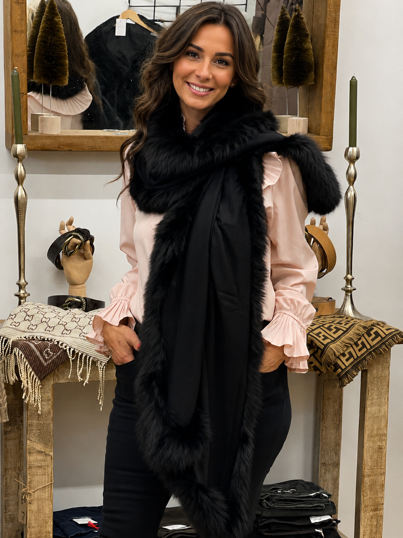 Black Cashmere & Silk Wrap with Black Recycled Fox Fur Trim