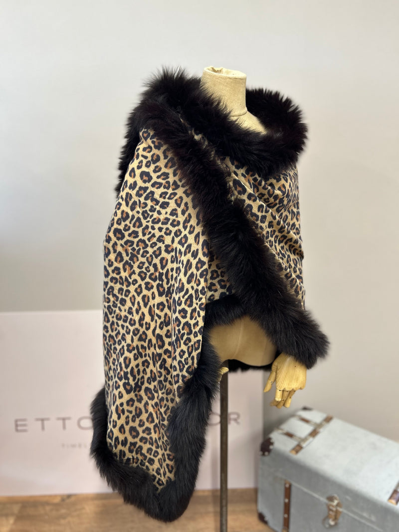Leopard Print Cashmere & Silk Wrap with Recycled Fox Fur Trim