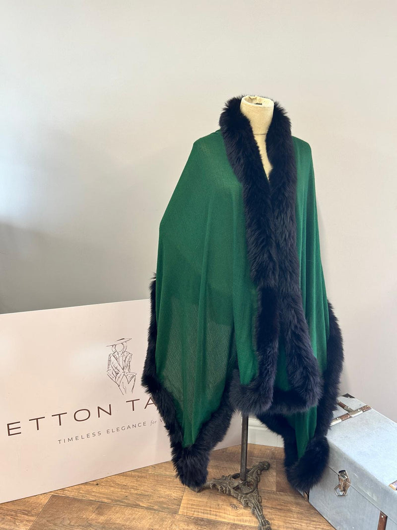 Green Cashmere Blend Wrap with Recycled Black Fox Fur