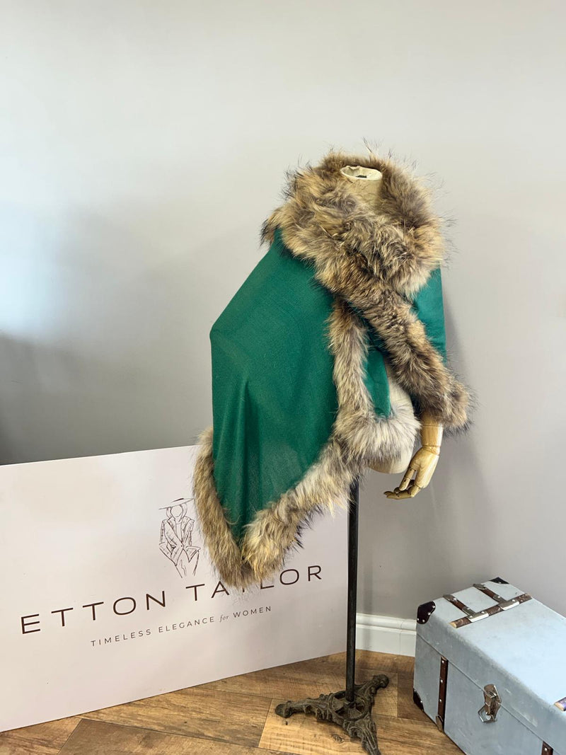 Green Cashmere Blend Wrap with Recycled Raccoon Fur