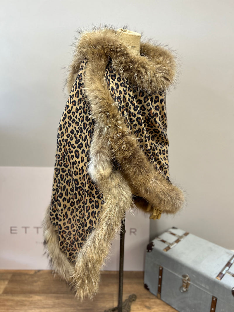 Leopard Print Cashmere & Silk Wrap with Recycled Raccoon Fur Trim