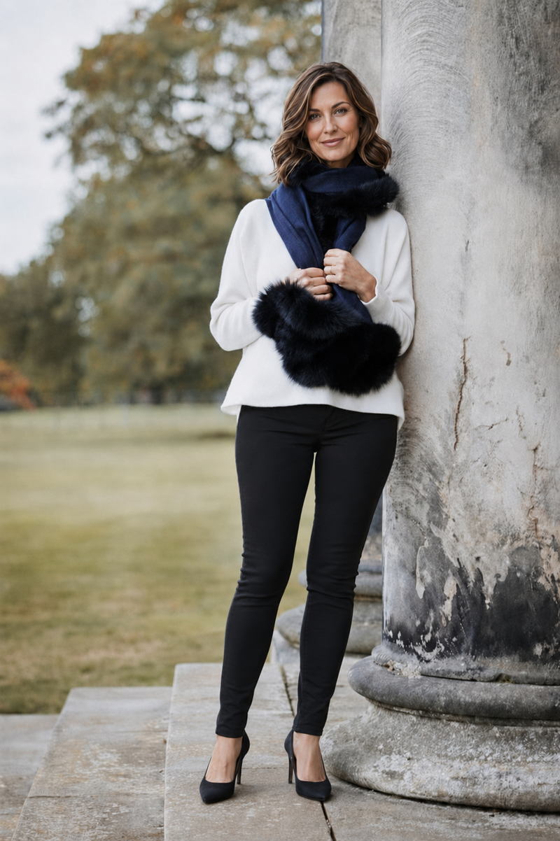 Navy Cashmere & Silk Wrap with Black Recycled Fox Fur Trim