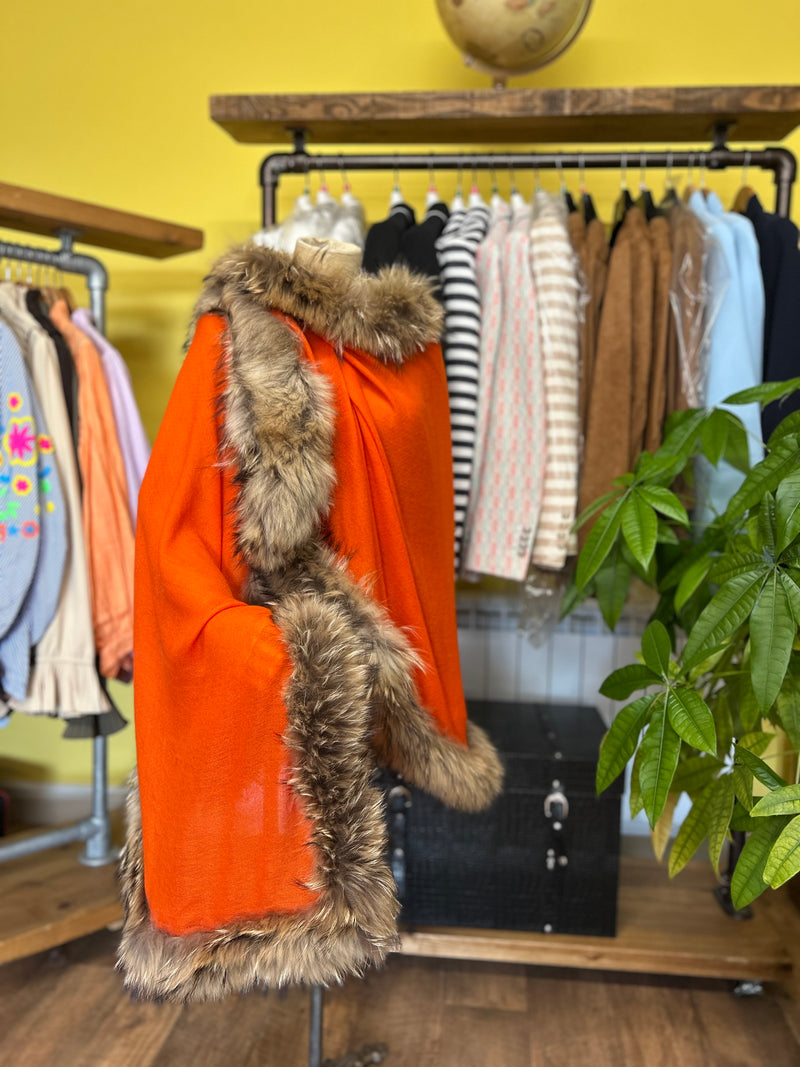 Orange Cashmere & Silk Wrap with Recycled Raccoon Fur Trim