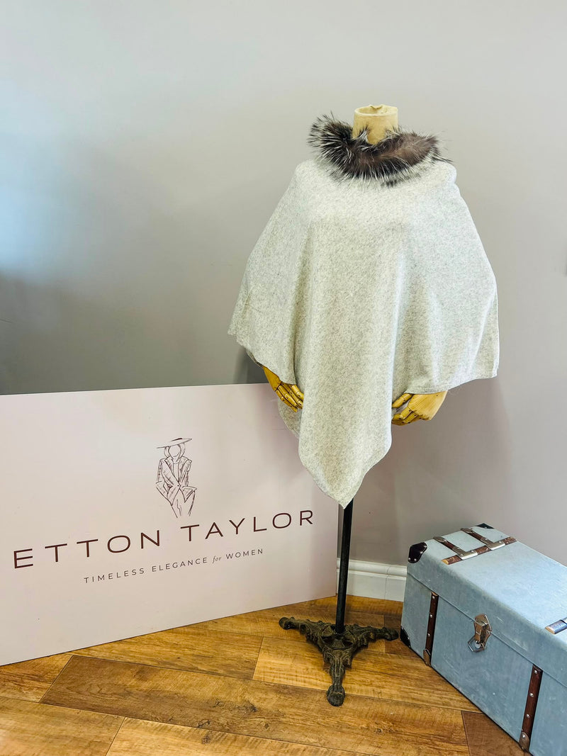 Stone Marl Cashmere Blend Poncho with Recycled Silver Fox Fur