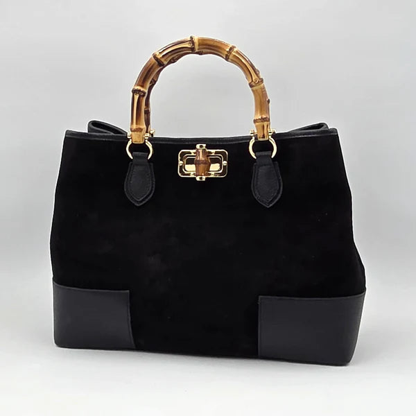 Tempest Large Black Suede & Leather Handbag with Bamboo Handles
