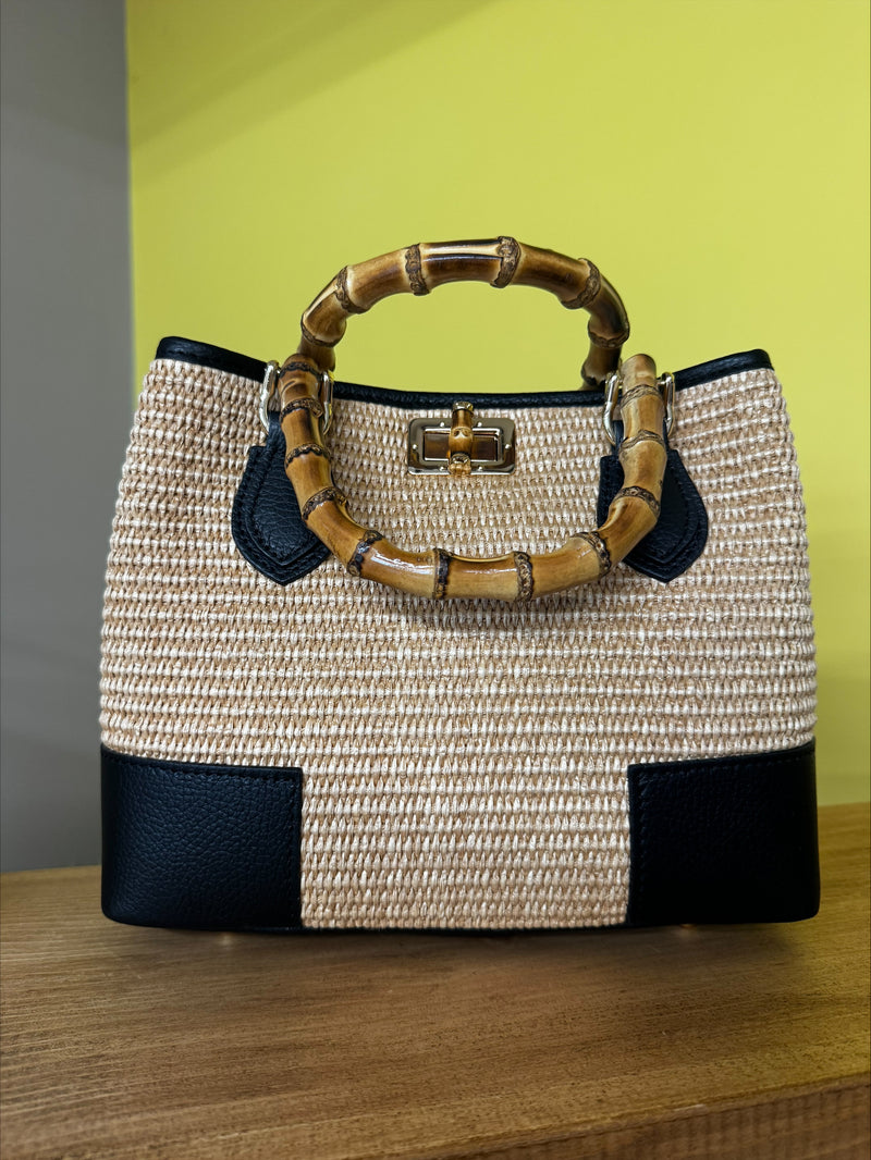 Tempest leather and sizal bamboo handbag
