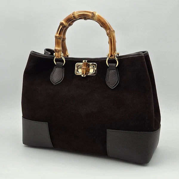 Tempest Large Chocolate Suede & Leather Handbag with Bamboo Handles