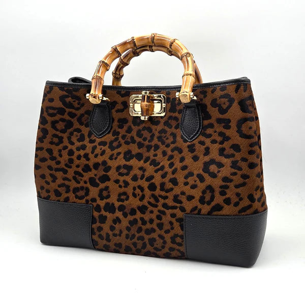 Tempest Large Leopard Print Horse Hair & Leather Handbag with Bamboo Handles