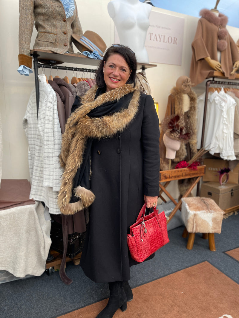 Black Cashmere & Silk Wrap with Recycled Raccoon Fur Trim