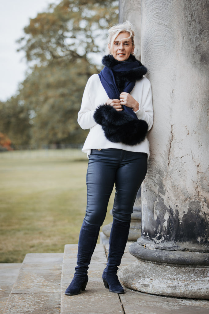 Navy wrap and fox fur trim 