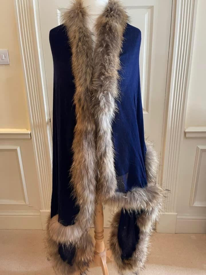 Navy Cashmere & Silk Wrap with Recycled Raccoon Fur Trim